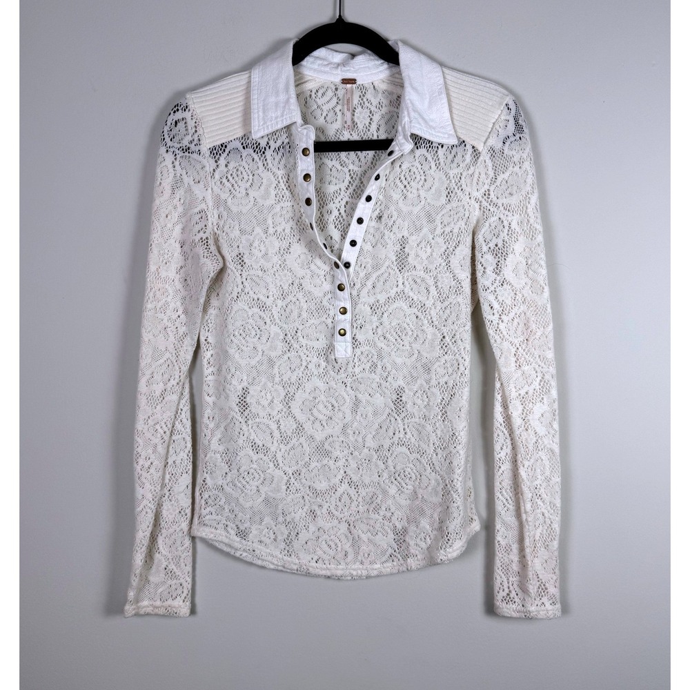 Free People Cream Lace Collared Henley Shirt Long Sleeve Size M - Picture 1 of 6